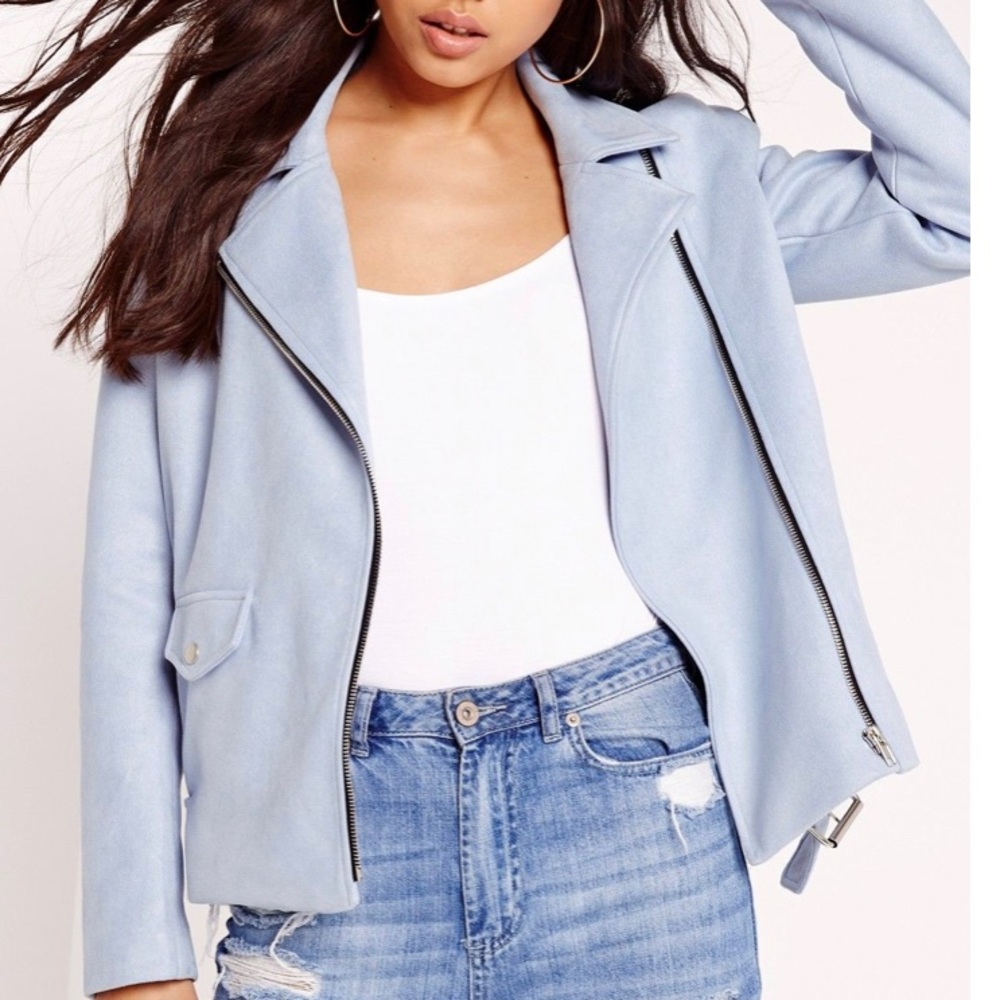Missguided Faux Suede Bonded Biker Jacket Blue